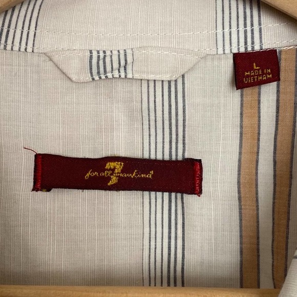 7 for all Mankind Mens Striped Button Down Shirt Lareg Cream Beige Long Sleeve - Picture 7 of 9